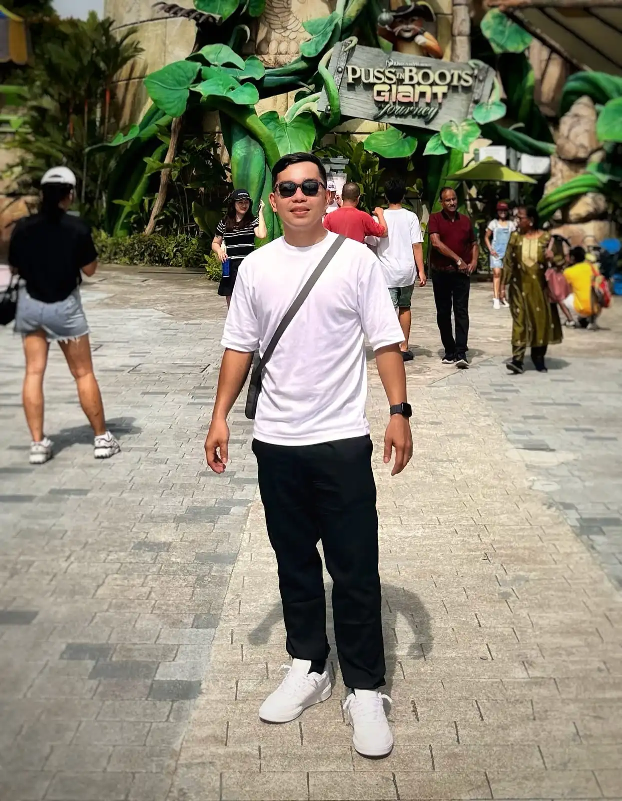 Posing in front of the Puss in Boots Giant Journey entrance at Universal Studios Singapore